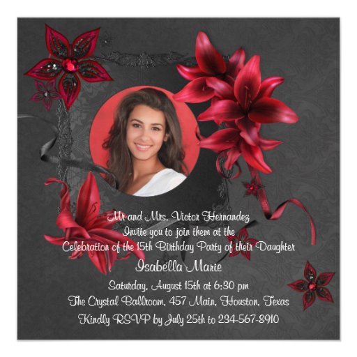 Black Damask Red Lilies Photo Quinceanera Personalized Invites