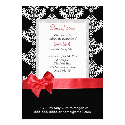 Black Damask & Red Ribbon Graduation Invitation