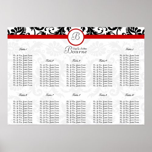 Black Damask Red Trim Seating Chart Table Numbers print