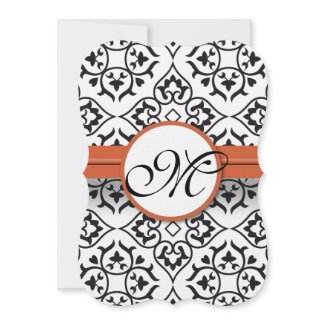 Black Damask Side Borders Orange Red Trim Wedding invitation