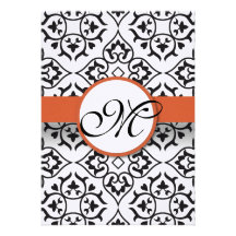Black Damask Side Borders Orange Red Trim Wedding Custom Invitation