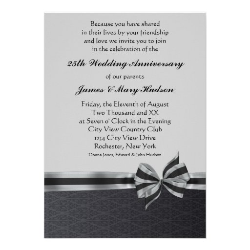 Black Damask Silver 25th Anniversary Party Personalized Invites (front side)