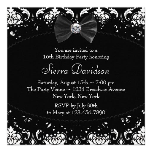 Black Damask Sweet Sixteen Birthday Party Invitati Announcements