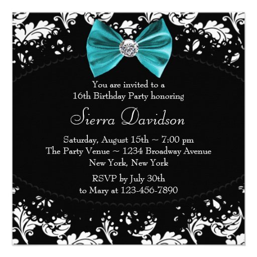 Black Damask Sweet Sixteen Birthday Party Custom Invitations