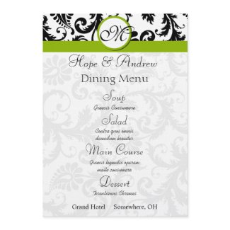 Black Damask Swirl Apple Green Wedding Menu invitation