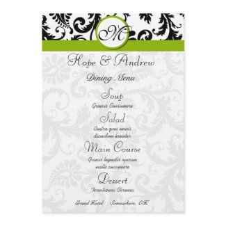 Black Damask Swirl Apple Green Wedding Menu invitation