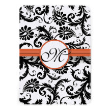 Black Damask Swirls on White Burnt Orange Trim Custom Invitations