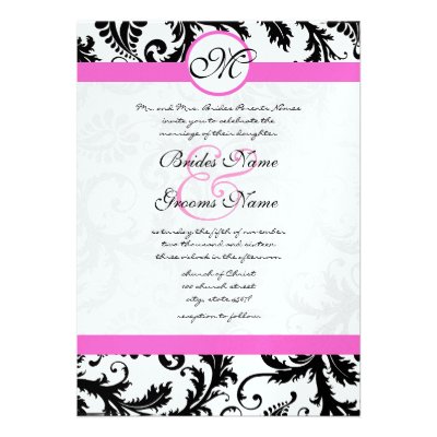 Black Damask Swirls Pink Trim Wedding Invitaitons Announcement