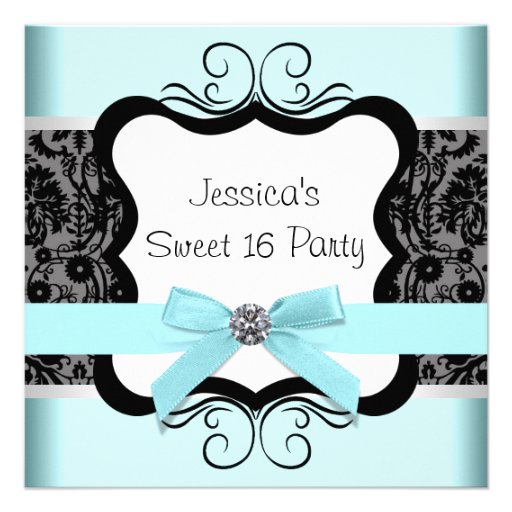 Black Damask Teal Black Sweet 16 Birthday Party Announcement