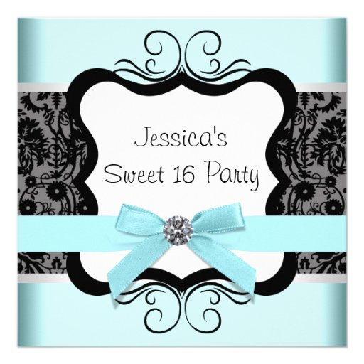 Black Damask Teal Black Sweet 16 Birthday Party Announcement (front side)