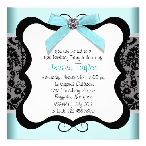 Black Damask Teal Black Sweet 16 Birthday Party Announcement