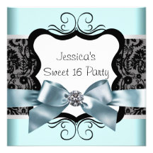 Black Damask Teal Blue Black Sweet 16 Birthday Par Invitations