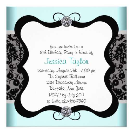 Black Damask Teal Blue Black Sweet 16 Birthday Par Invitations