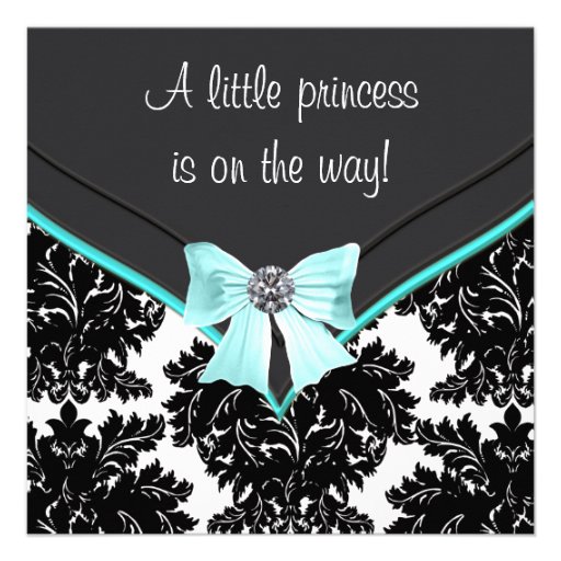 Black Damask Teal Blue Bow Princess Baby Shower Invitation