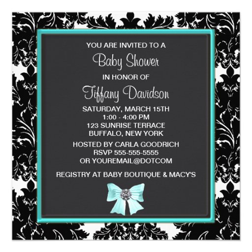 Black Damask Teal Blue Bow Princess Baby Shower Invitation