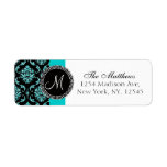 Black Damask Teal Glitter Printed Monogram Labels