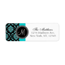 Black Damask Teal Glitter Printed Monogram Labels