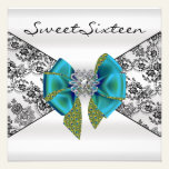 Black Damask Teal Peacock Sweet Sixteen invitations
