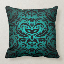 Black Damask Teal Scroll Reversible  Pillow
