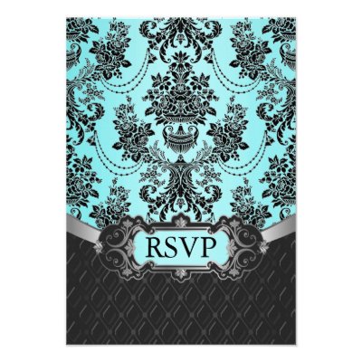 Black Damask Tiffany Blue Wedding RSVP Cards Personalized Invite