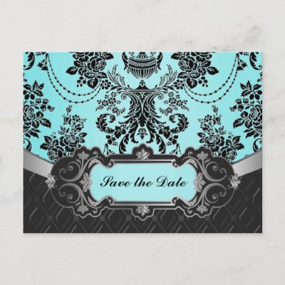 Black Damask Tiffany Blue Wedding Save the Dates Post Cards by 