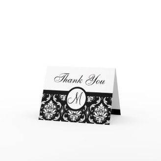 Black Damask Wedding Monogram Thank You Card