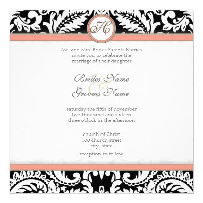Black Damask with Coral & Gray Wedding Invitations