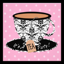 Black Damask with  Pink Tea Cup Tea Party invitations