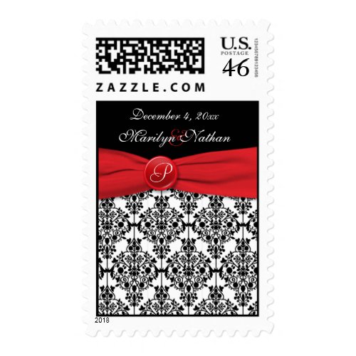 Black Damask with Poppy Red Monogrammed Postage stamp