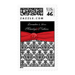 Black Damask with Poppy Red Monogrammed Postage postage