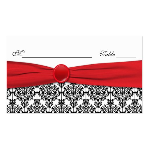 Black Damask with Poppy Red Placecards Business Card (back side)