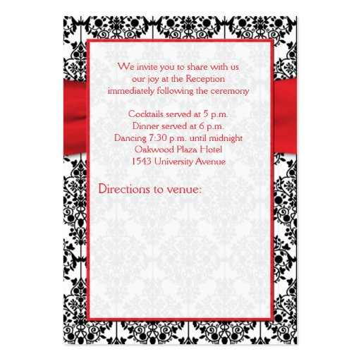 Black Damask with Poppy Red Reception Card Business Card Templates (back side)