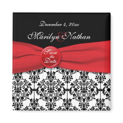 Black Damask with Poppy Red Save the Date Magnet by NiteOwlStudio