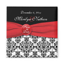 Black Damask with Poppy Red Save the Date Magnet