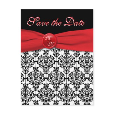 Black Damask with Poppy Red Save the Date Postcard by NiteOwlStudio