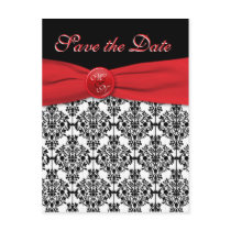 Black Damask with Poppy Red Save the Date Postcard