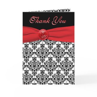 Black Damask with Poppy Red Thank You Card card