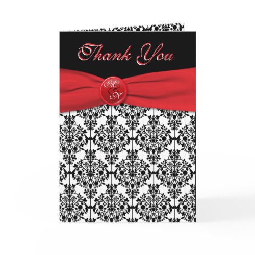 Black Damask with Poppy Red Thank You Card card