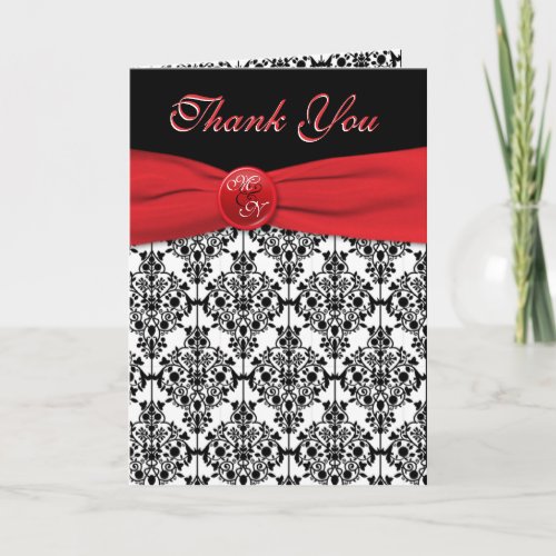 Black Damask with Poppy Red Thank You Card card