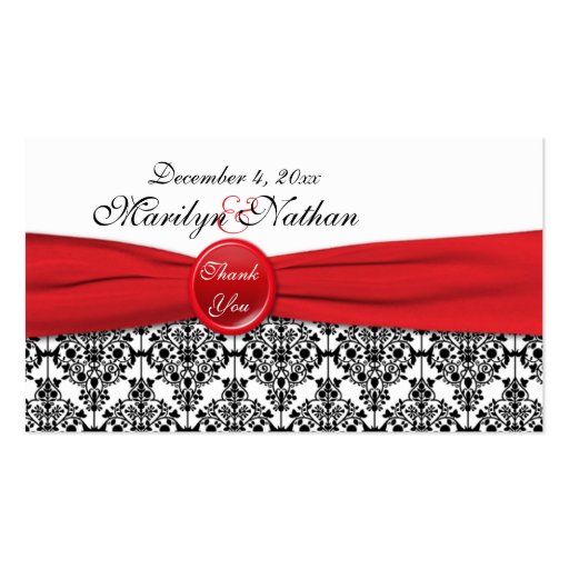 Black Damask with Poppy Red Wedding Favor Tag Business Card Templates (front side)