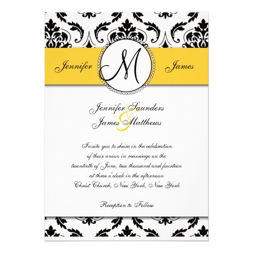 Black Damask Yellow Wedding 5 x 7 Invitation