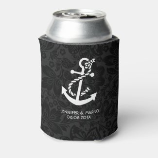 Black Damasks With Nautical Boat Anchor Can Cooler