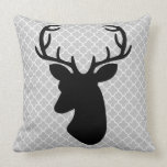 Black Deer Head On Grey Quatrefoil Pattern Throw Pillow