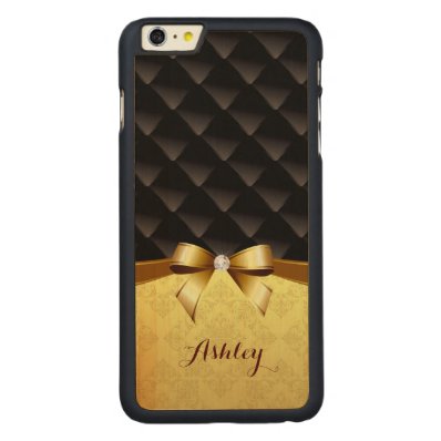 Black Diamond Golden Ribbon Damask Monogram Name Carved® Maple iPhone 6 Plus Case