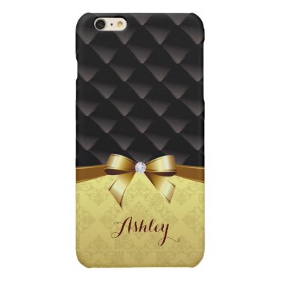 Black Diamond Golden Ribbon Damask Monogram Name Glossy iPhone 6 Plus Case