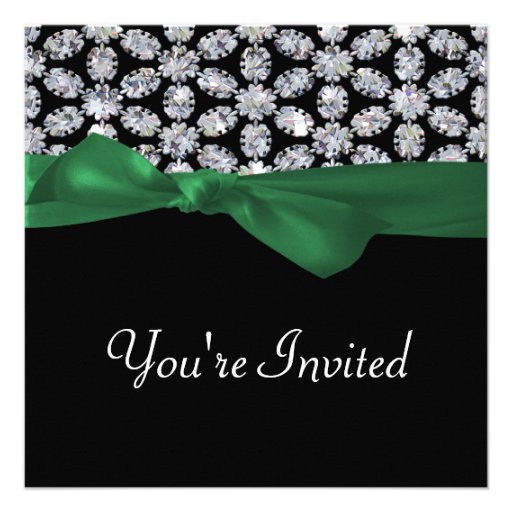 Black & Diamond Mosaic Green Bow Wedding Announcement