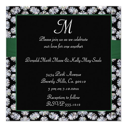 Black & Diamond Mosaic Green Bow Wedding Announcement
