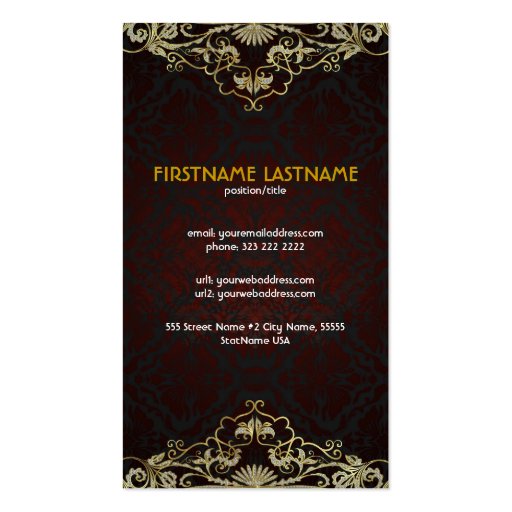 Black Diamonds& Gold Pattern Vintage Floral Frame Business Cards (back side)