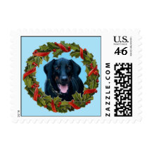 Black Doberman Dog Christmas Wreath on blue stamps