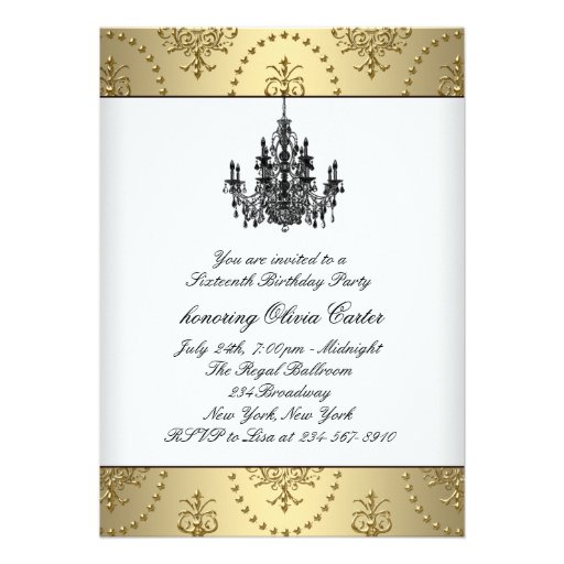 Black Dress Gold Chandelier Sweet Sixteen Birthday Personalized Invitations